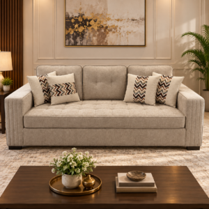 Channel Tufted Oatmeal Chenille 3 Seater Sofa with Chevron Pillows