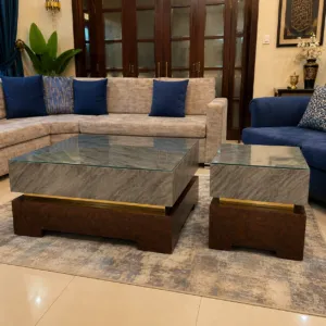 Marble Glass Top Coffee Table Set With Burl Wood Base