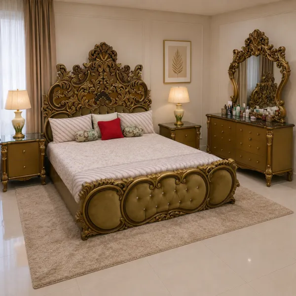 Gold Carved Tufted Bed Set with Chairs