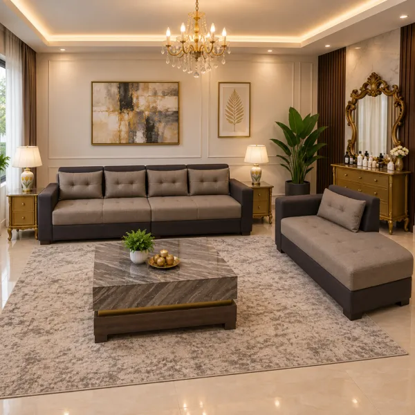 Tan Fabric Sofa and Chaise Lounge Set