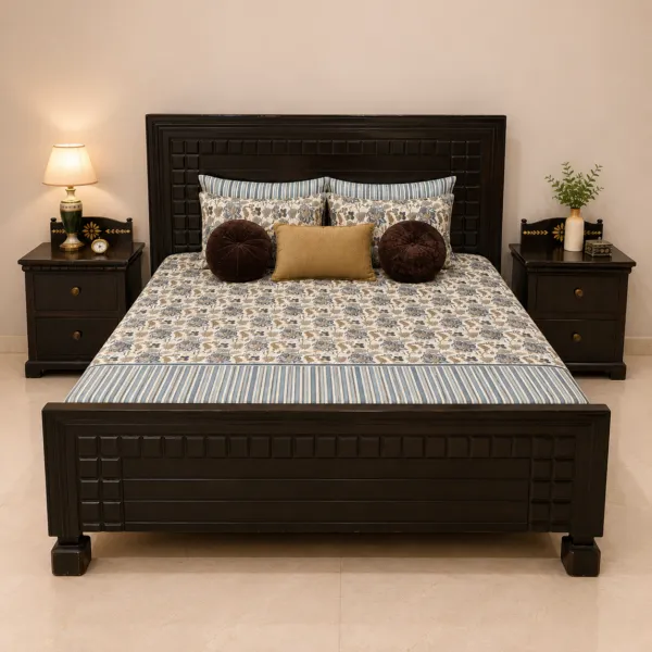 Black Lacquer Bed Set With Side Tables