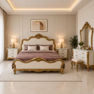 Gold Carved French Bed Set With Dressing Table