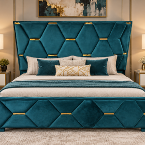 Diamond Tufted Teal Velvet Bed Frame with Gold Trim