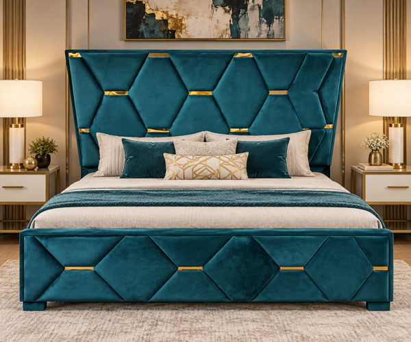 Diamond Tufted Teal Velvet Bed Frame with Gold Trim