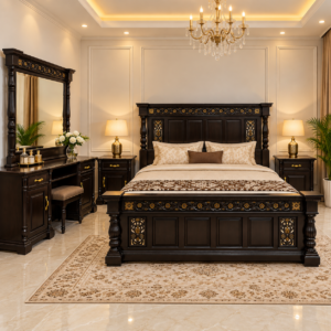 Ebony Carved Gold Trim Bedroom Set with Dressing Table