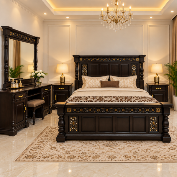 Ebony Carved Gold Trim Bedroom Set with Dressing Table