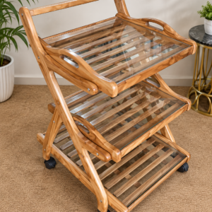 Folding Wood Serving Trolley with Glass Top Trays