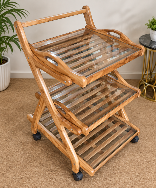 Folding Wood Serving Trolley with Glass Top Trays