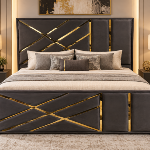 Geometric Gold Trim Velvet Headboard and Footboard Set
