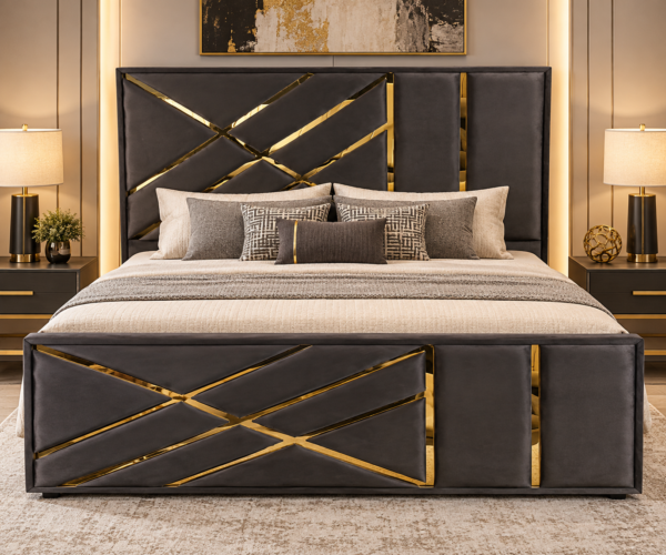 Geometric Gold Trim Velvet Headboard and Footboard Set