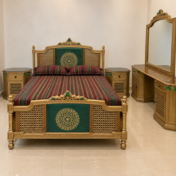 Gold Carved Cane Bedroom Set with Vanity and Nightstands
