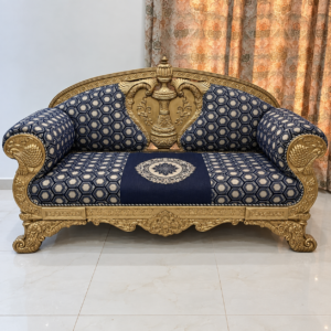 Gold Carved Urn Crest 3 Seater Sofa with Navy Hexagon Print