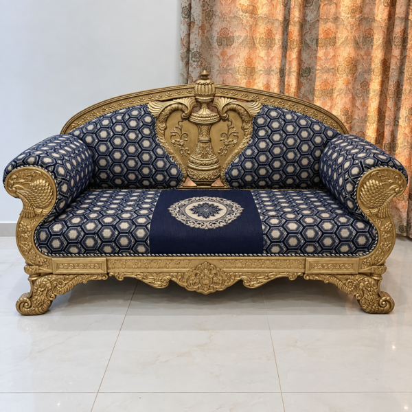 Gold Carved Urn Crest 3 Seater Sofa with Navy Hexagon Print