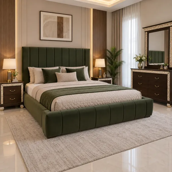 Olive Green Velvet Channel Tufted Bed Frame