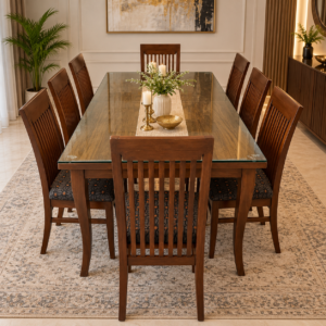 Slat Back Dining Table Set with Glass Top and 8 Chairs