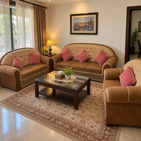 Tan Leaf Embossed 6 Seater Sofa Set