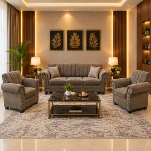 Taupe Channel Tufted 5 Seater Sofa Set with Nailhead Trim