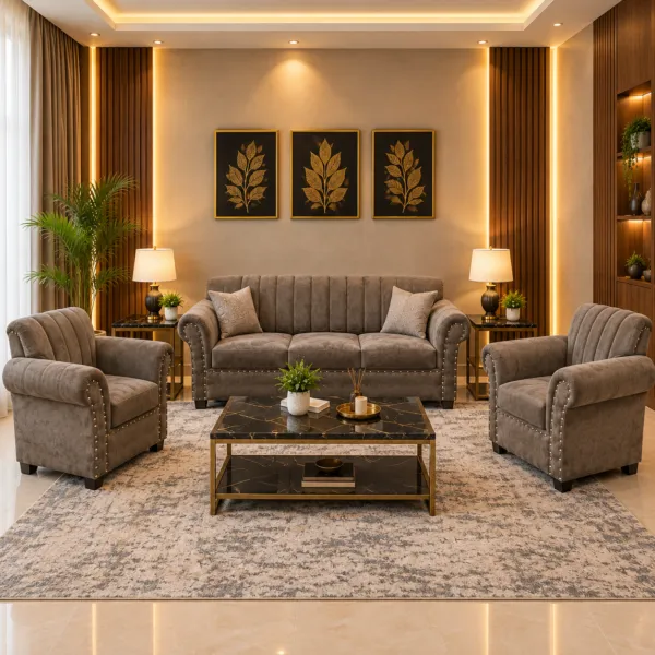 Taupe Channel Tufted 5 Seater Sofa Set