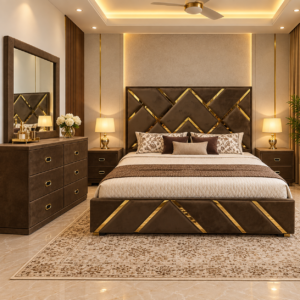 Taupe Velvet Chevron Gold Inlay Bedroom Set with Dressing Table