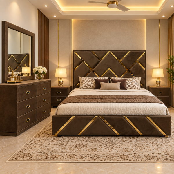 Taupe Velvet Chevron Gold Inlay Bedroom Set with Dressing Table