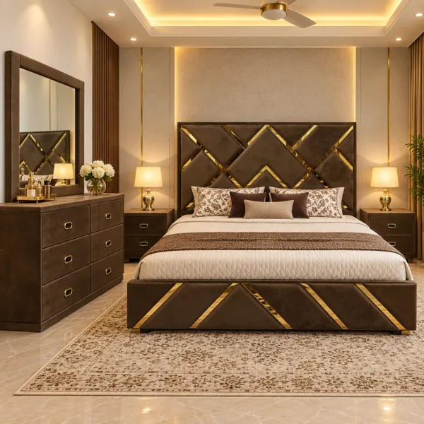 Taupe Velvet Chevron Gold Inlay Bedroom Set