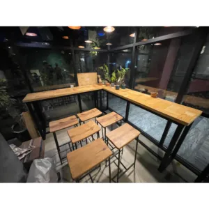 L Shape Parquet Bar Table with 6 Stools for Restaurant