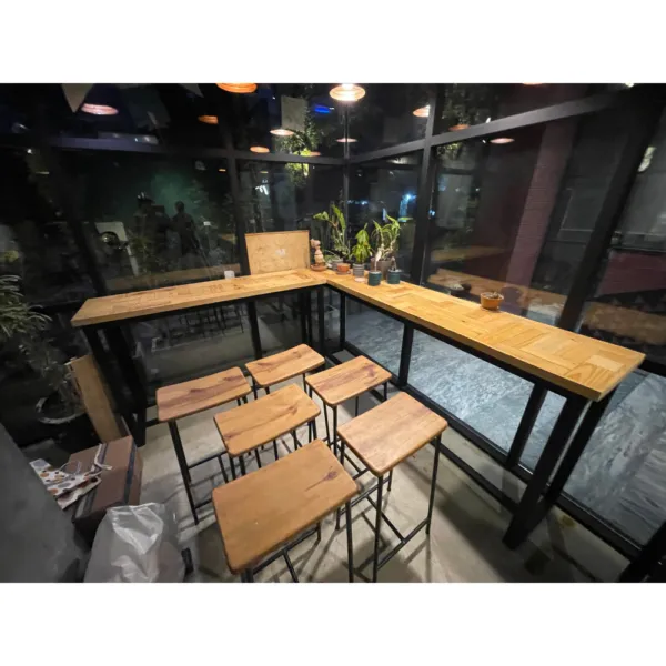 L Shape Parquet Bar Table with 6 Stools