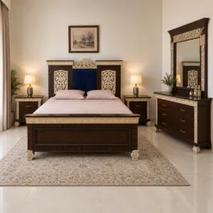 Walnut Bed Set With Navy Tufted Headboard