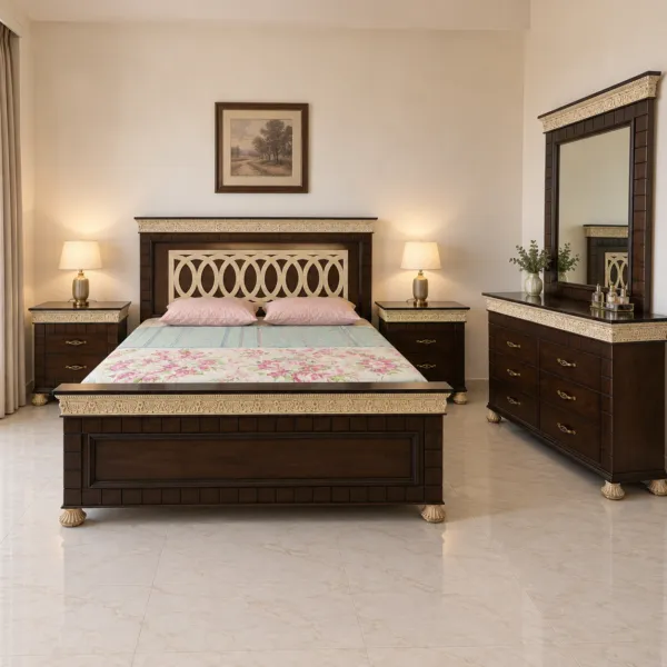 Espresso Wood Bed Set With Dressing Table