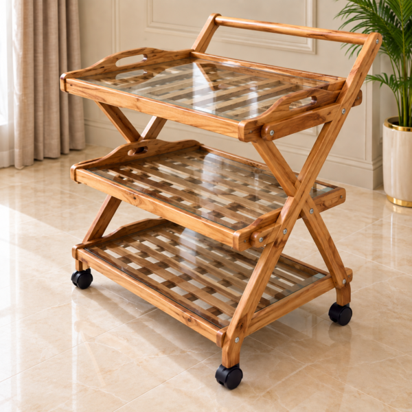 X Frame Wood Trolley with Lattice Shelf and Glass Trays