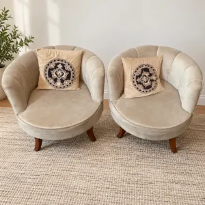 2 Beige Round Tub Sofa Chairs with Wooden Legs