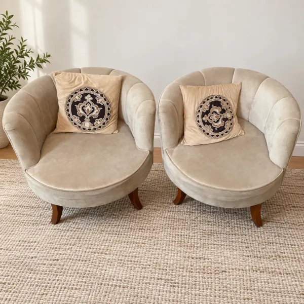 2 Beige Round Tub Sofa Chairs with Wooden Legs