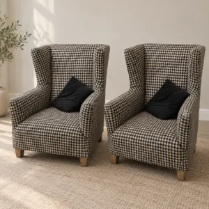 2 Houndstooth High Back Armchairs, Black White