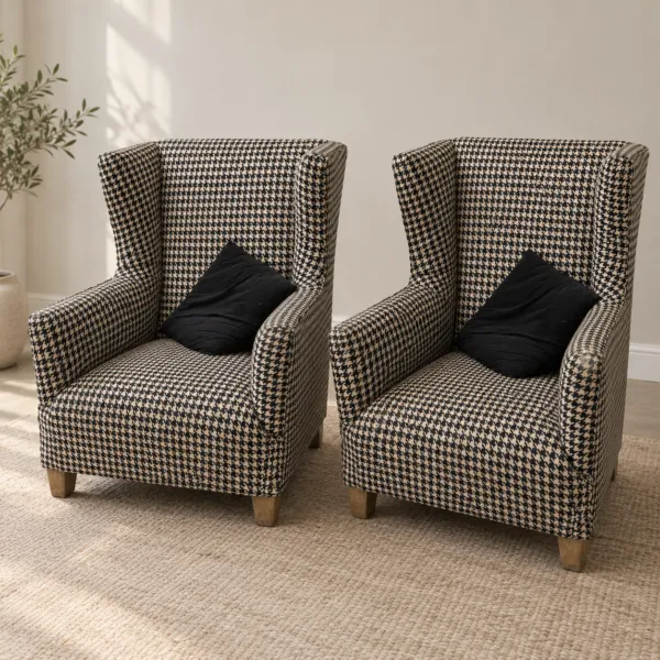 2 Houndstooth High Back Armchairs, Black White