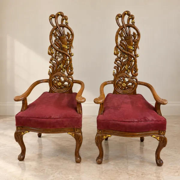 2 Sheesham Wood Carved High Back Armchairs