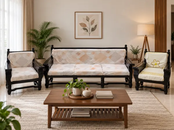 5 Seater Black Wooden Sofa Set with Cushions