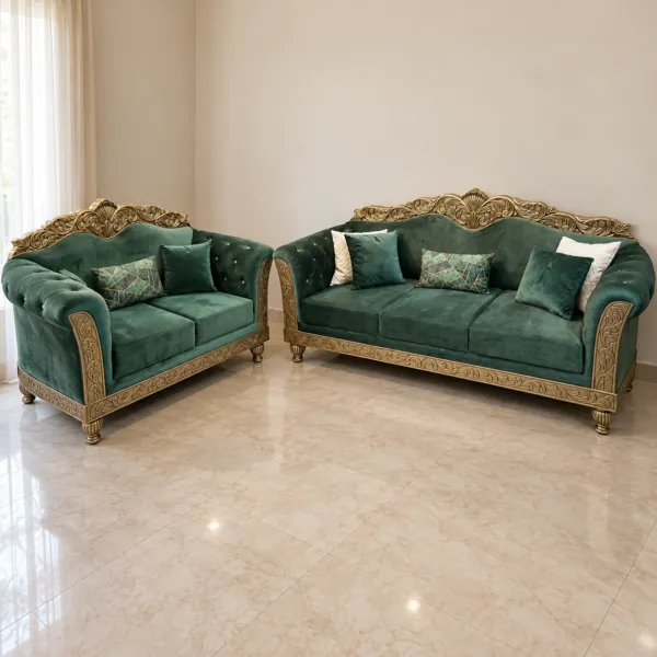 5 Seater Green Sofa Set with Gold Carved Frame