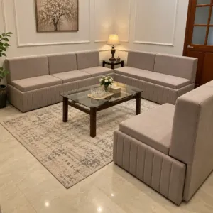Beige Fabric L Shape Sofa Set