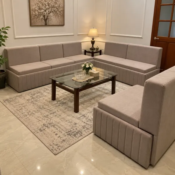 L Shape Beige Fabric Sofa Set with Channel Base