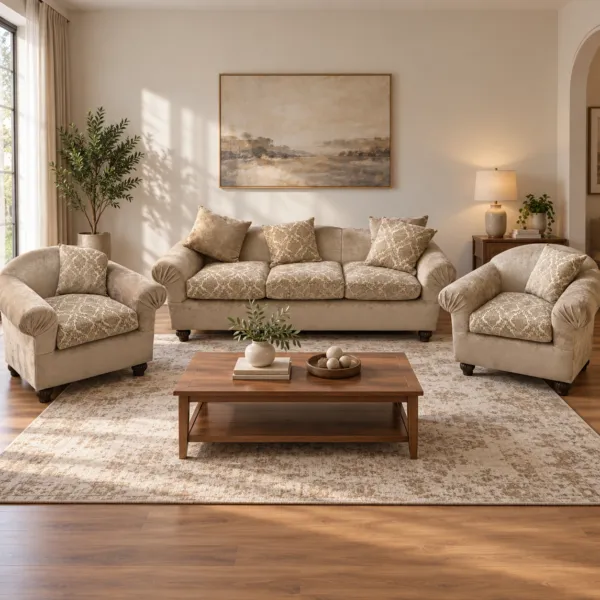 Beige Printed 5 Seater Sofa Set 3+1+1