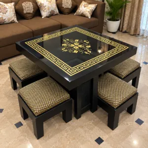 Black Lacquer Coffee Table with 4 Stools