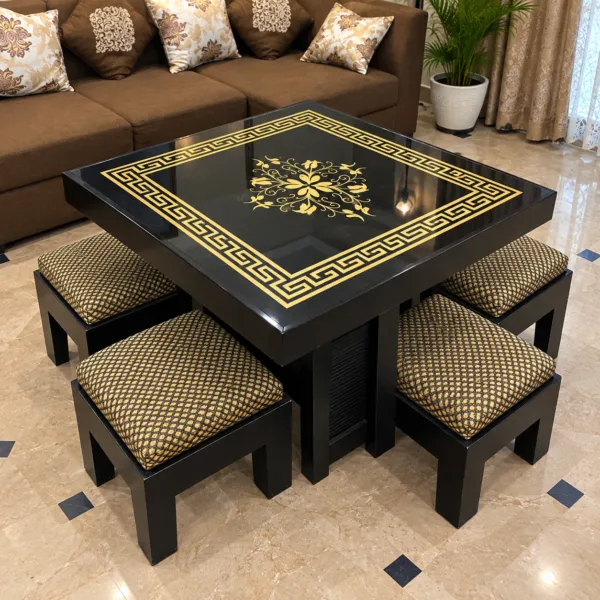 Black Lacquer Coffee Table with 4 Stools
