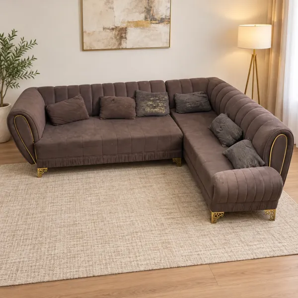 Brown Channel Tufted L Shape Sofa with Gold Legs