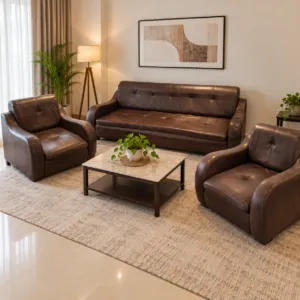 Brown Leather Look Sofa Set 5 Seater 3+1+1