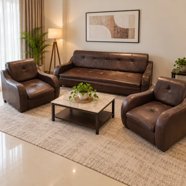 Brown Leather Look Sofa Set 5 Seater 3+1+1