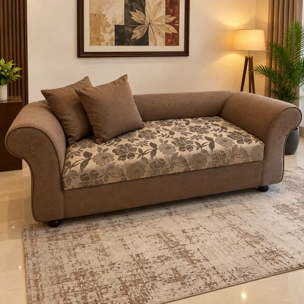 Brown Sofa with Curved Arms and Floral Seat
