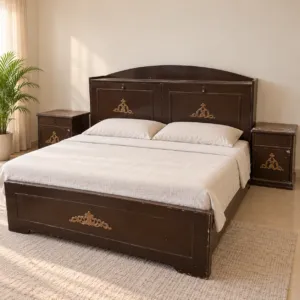 Brown Storage Headboard Bed with 2 Side Tables