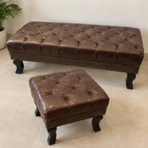 Brown Tufted Settee and Stool Set
