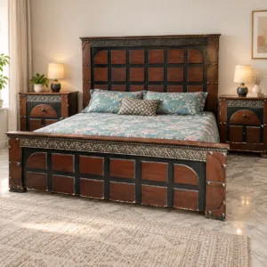 Brown Wooden Bed Set with Side Tables