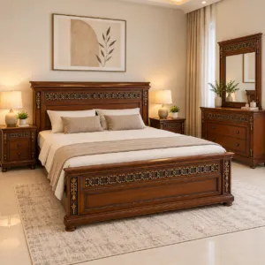 Carved Wood Bed, 2 Side Tables and Dressing Table